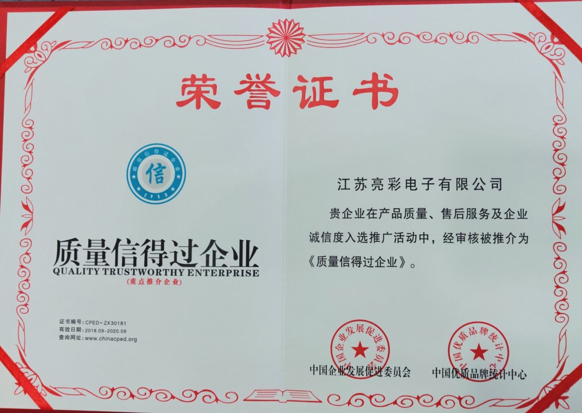 質量信得過企業證書